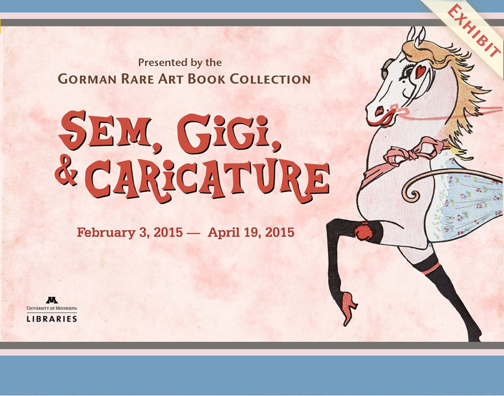 Poster image for Sem, Gigi, and Caricature featuring detail of Sem au Bois image: pink horse wearing make up, stockings and high heeled shoes