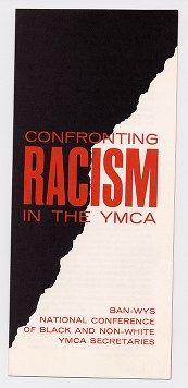 Cover of brochure titled "Confronting Racism in the YMCA" describing the National Conference of Black and Non-White YMCA Laymen and Staff (BAN-WYS) circa 1968-1975