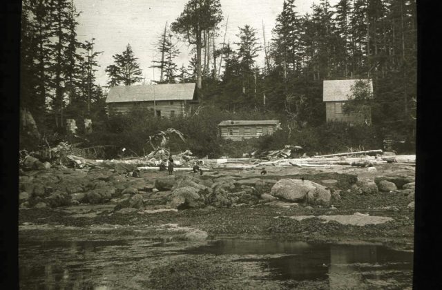 “Class working on the rocks near the Minnesota Seaside Station buildings at low tide.”