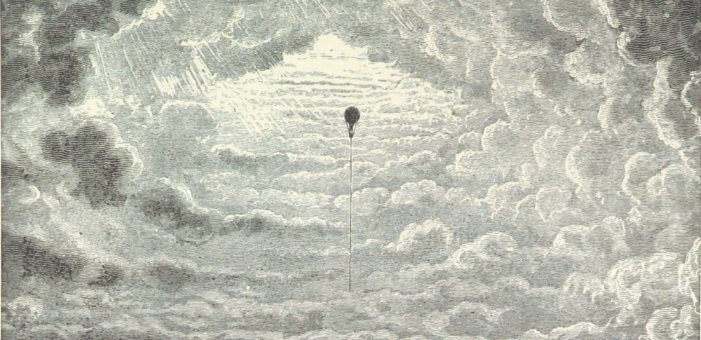 Black and white drawing of clouds with caption, "Balloon approaching the clouds."