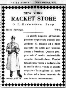 Ad for the "Rocket Store" that appeared with Italian text in an issue of Vita Nuova, published in Rock Springs, Wyoming (no date).