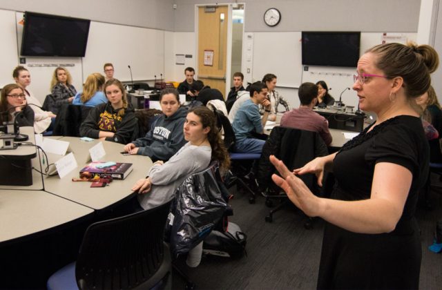 Science Librarian Meghan Lafferty teaching first-year science and engineering students.