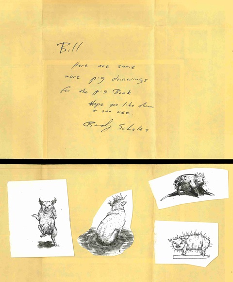 Sketches of pigs meant for use in Holm’s pig poem anthology and accompanying note from Randy Scholes, who would later co-found the Minneapolis press Milkweed Editions.