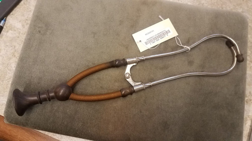 Early 1900s model of a binaural (two-ear-piece) stethoscope.