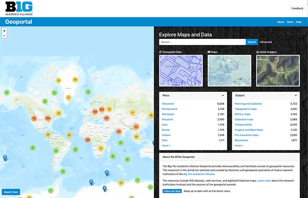 Screen shot of Big 10 Geo Portal's website, includes a global map.