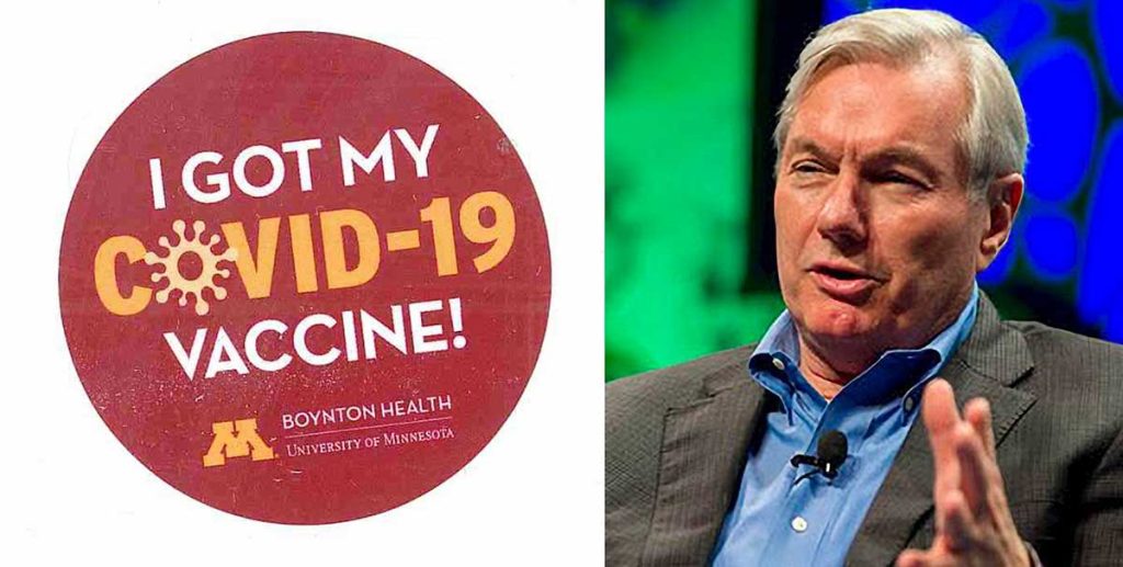 Boynton Health COVID-19 vaccine sticker and Michael T. Osterholm