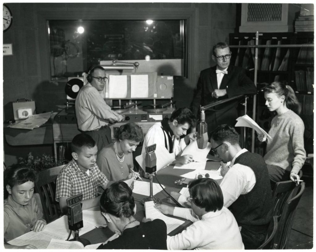 Performers and engineers broadcast and record a Minnesota School of the Air program in 1959.