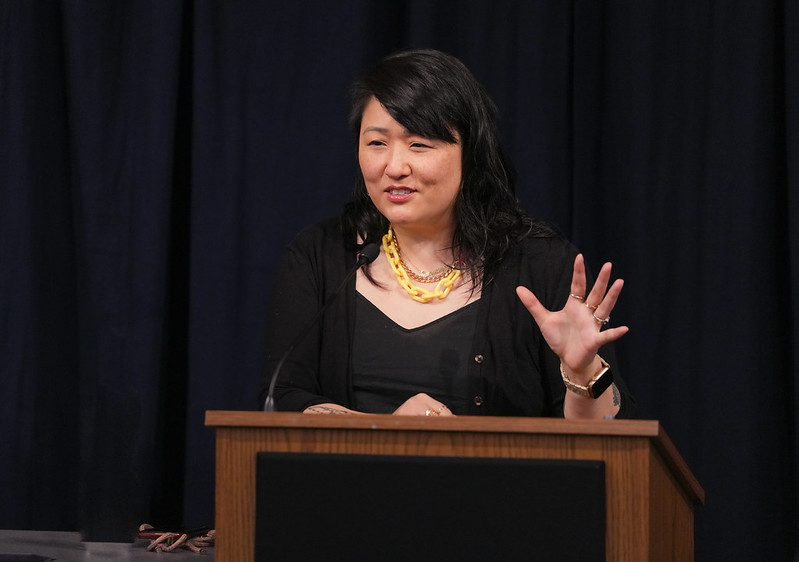 Sun Yung Shin reads from her work at the Pankake Poetry reading. Photo by Luke Logan