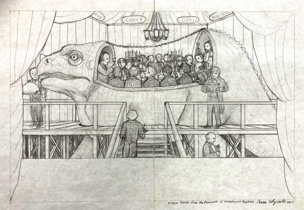 Pencil sketch for an illustration by Brian Selznick for the book “The Dinosaurs of Waterhouse Hawkins,” a children's picture book biography of Benjamin Waterhouse Hawkins.