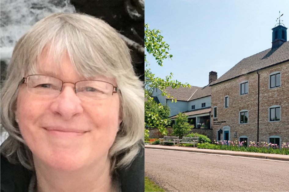 Portrait photo, Kathy Allen, alongside a photo of the Snyder Building at the Minnesota Landscape Arboretum — the building in which the Andersen Horticultural Library is located