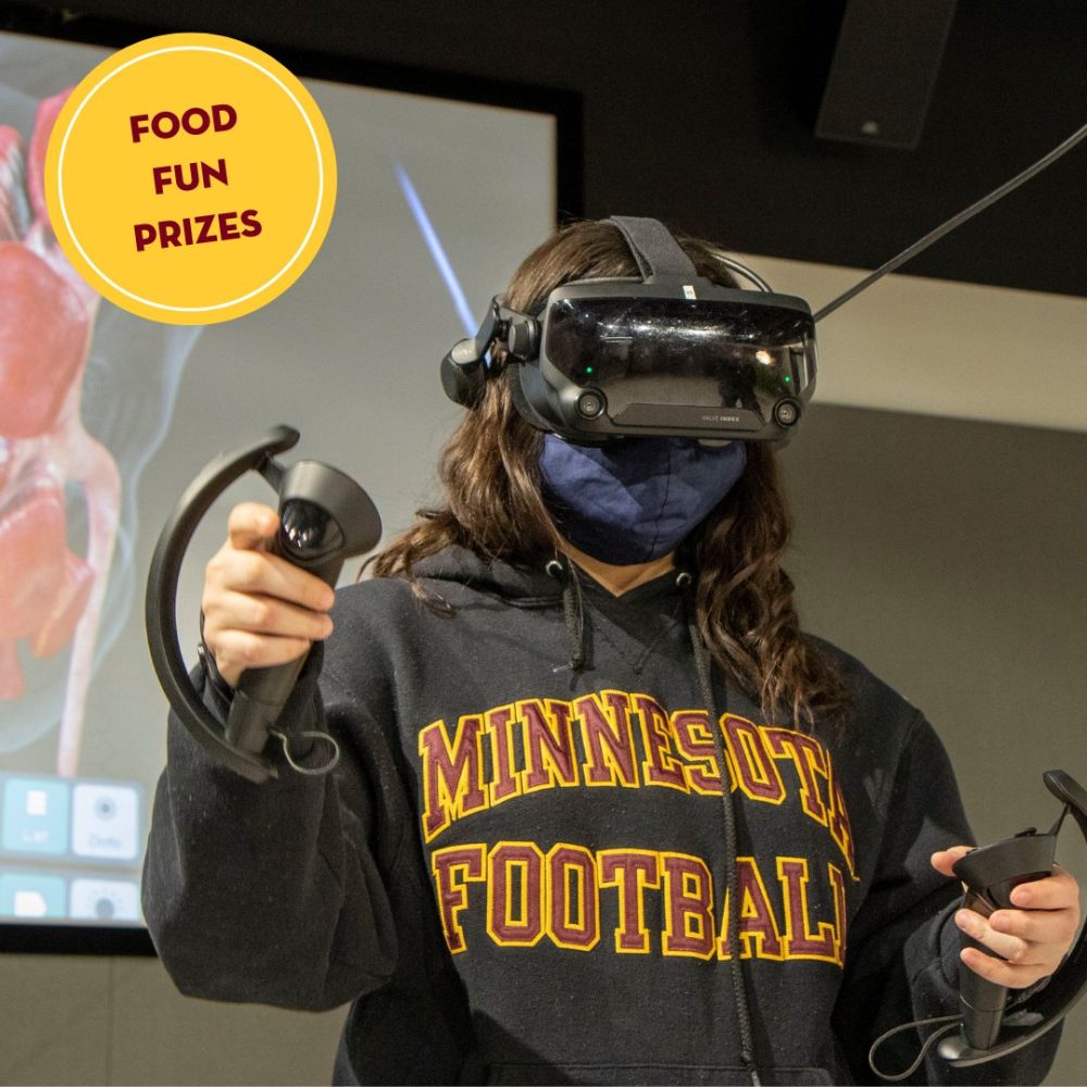 Person using VR headset and controls. Text overlay: Food, Fun, Prizes.