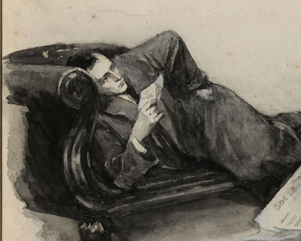 An illustration of Sherlock Holmes reclining on a chaise lounge while reading a letter