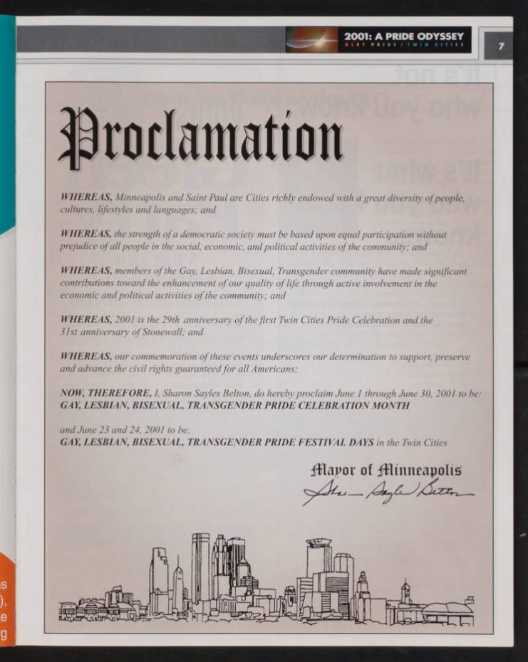 The 2001 program includes then-Minneapolis Mayor Sharon Sayles Belton’s official proclamation of Pride month and Pride Festival days.
