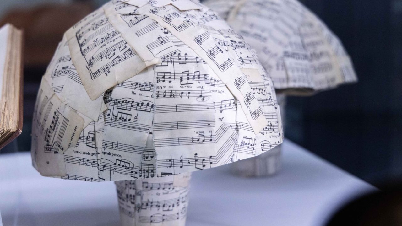 A model mushroom made of sheet music in the Mycophobia/Mycophilia.