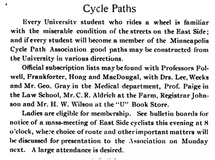 Article from the student newspaper Ariel regarding the Minneapolis Cycle Path Association, October 9, 1897. Available at http://hdl.handle.net/2027/umn.31951002482985d