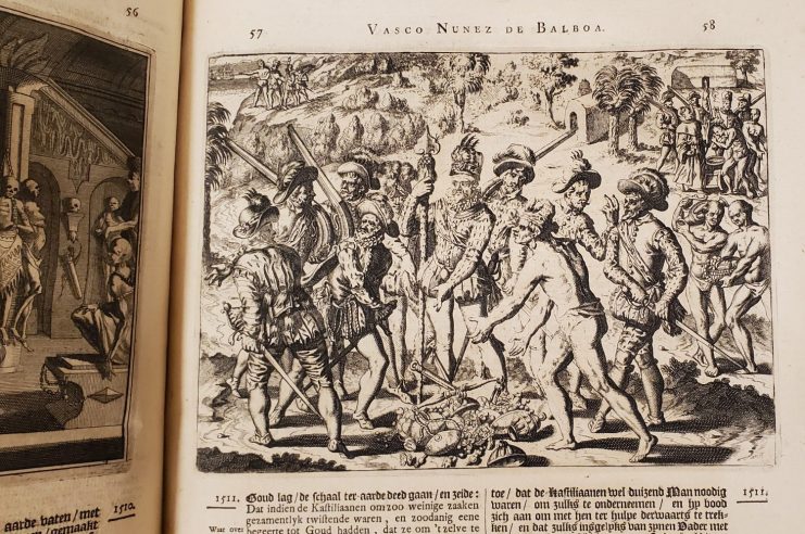 18th-century engraving of Balboa collecting valuable objects from indigenous people.