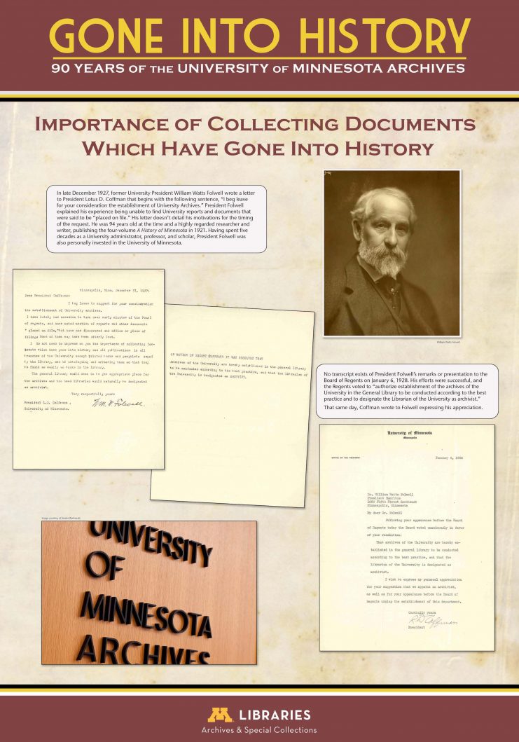 Digital panel from the exhibit "Gone Into History: 90 Years of the University of Minnesota Archives" displayed in the Elmer L. Andersen Library, January 19 through April 27, 2018.