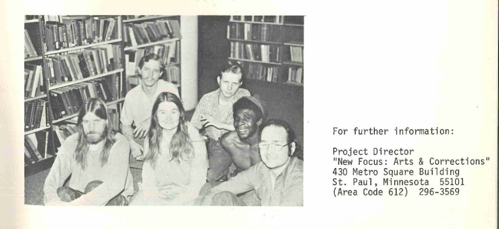 Image of Margaret “Margo” Hasse with students from the Stillwater Penitentiary, published in the “New Focus” student poetry anthology titled Spectrum (1975).