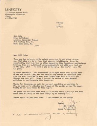 Jim Lenfestey’s letter dated February 20, 1977 regarding Bill Holm’s anthology of pig poems.