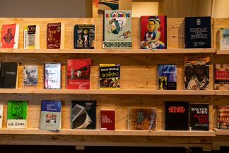 A display of books at the Weisman Art Museum