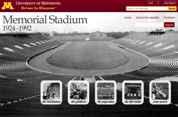 Home page for the digital exhibit Brickhouse: Memorial Stadium, 1924-1992 online at http://brickhouse.lib.umn.edu.