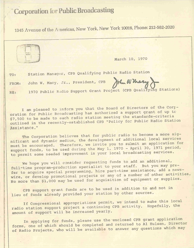 1970 Public Radio Support Grant Project award letter