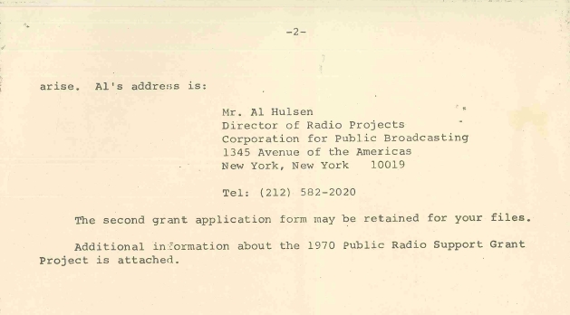 1970 Public Radio Support Grant Project award letter (page 2)