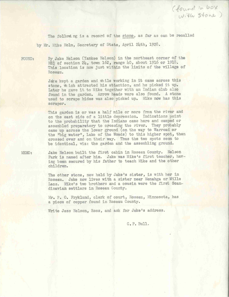 Memo recorded by CP Bull, Department of Agriculture, after a conversation with Mike Holm, Minnesota Secretary of State, regarding the origin of the stone on April 24, 1928. Source: University of Minnesota Archives, Theodore C. Blegen papers (#00961).