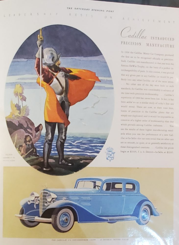 Explorer in armor, pointing to the ocean (above); 1930s, blue, Cadillac motorcar (below).