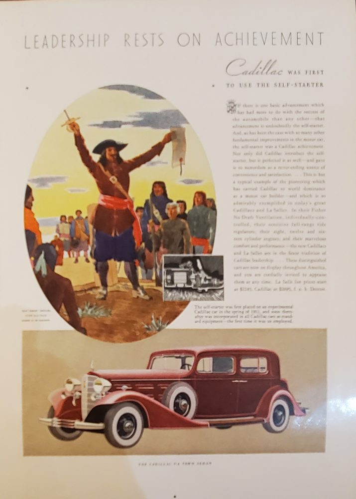 European man with arms up-raised (above) and 1930s Cadillac automobile below.