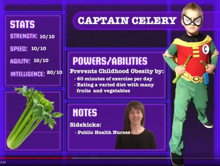 Captain celery pictured with statistics on childhood obesity.