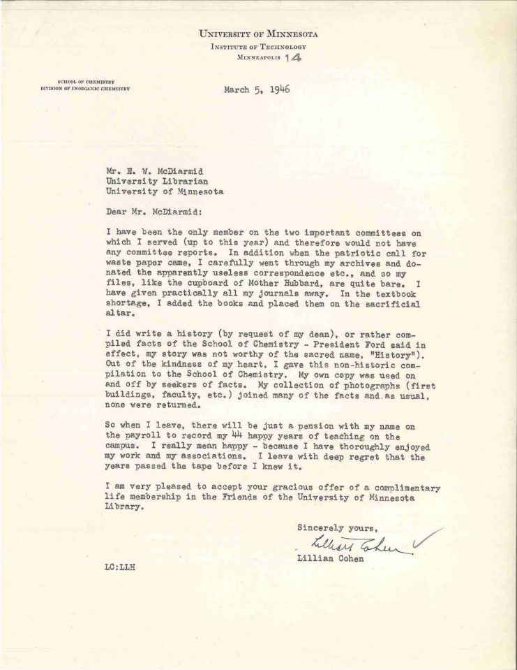 Letter from Professor Lillian Cohen to University Librarian E.W. McDiarmid in 1946 indicating she would not have any materials to provide the University Archives upon her retirement.