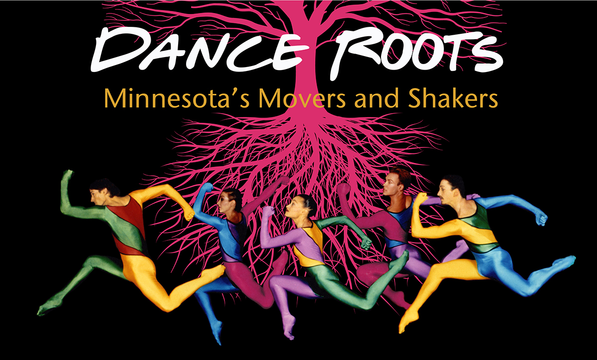 Dance Roots: Minnesota’s Movers and Shakers exhibit image five dancers leaping in front of an image of tree roots