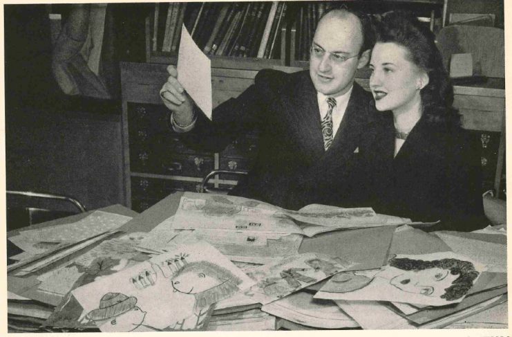 Ken and Betty, "Drawing to Music" announcers, review listener submissions, 1946.