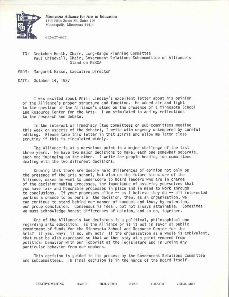 Letter dated October 14, 1987 from Margaret Hasse to Gretchen Heath and Paul Chindvall of the Minnesota Alliance for Arts in Education regarding the Alliance’s role and direction after the opening of the Minnesota School and Resource Center for the Arts (today known as Perpich Center for Arts Education). From the Margaret Hasse papers in the Upper Midwest Literary Archives.