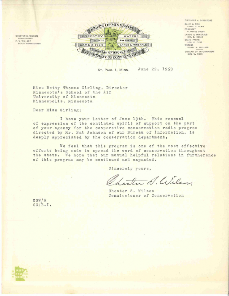 A letter to Betty T. Girling from the Commissioner of Conservation, 1953.