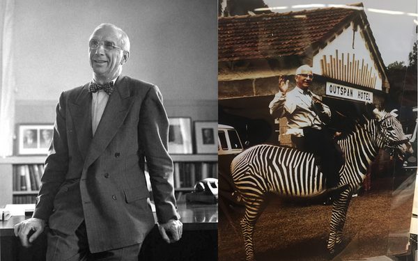 Herold Diehl leaning on a desk (left) next to Owen Wangeensteen riding a zebra in front of a building with the name Outspan Hotel (right).
