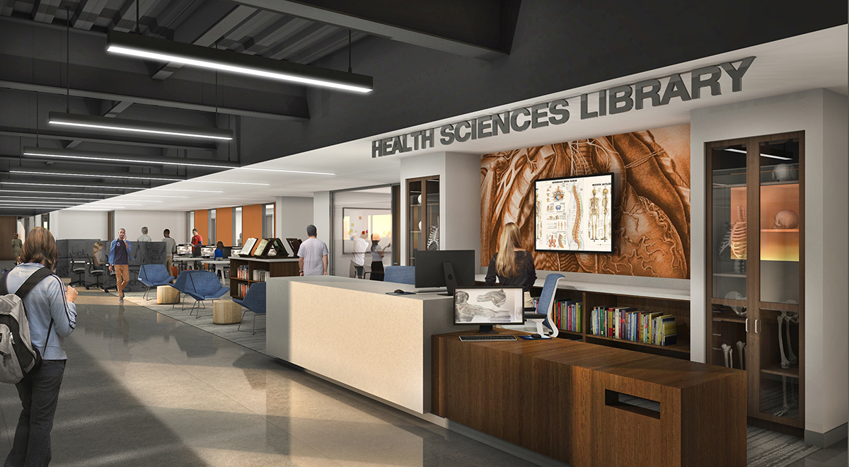 Rendering of the Health Sciences Library entryway