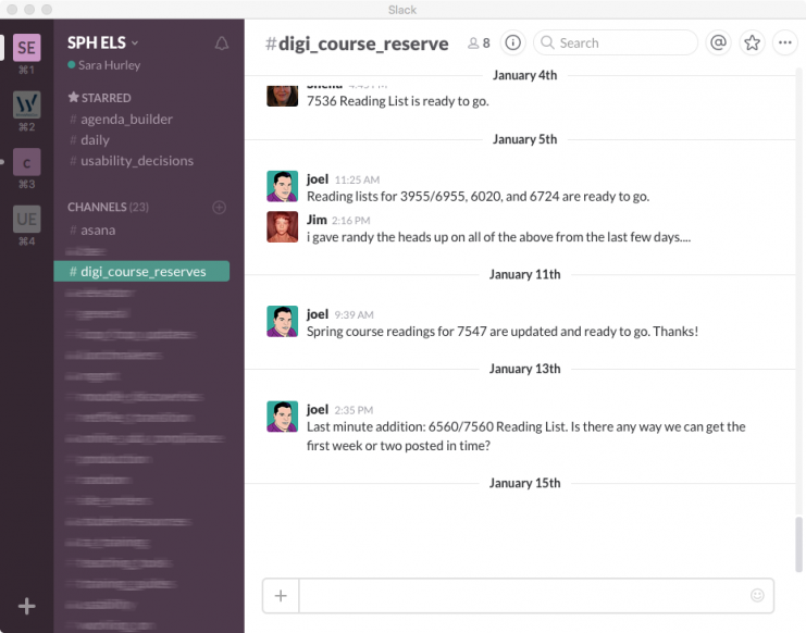 One of Sara's Slack channels.
