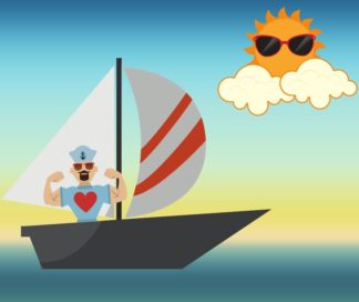 Graphic design of sailor on sailboat and a sunshine with sunglasses.