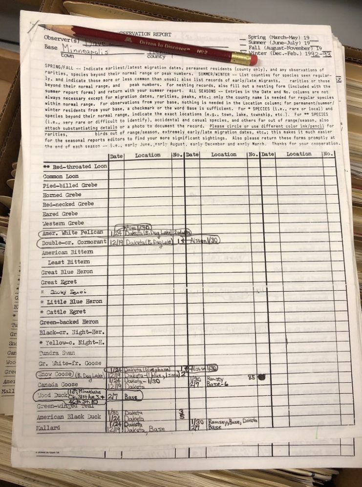 Bird observation form with names of birds on the left-hand side and location information added.