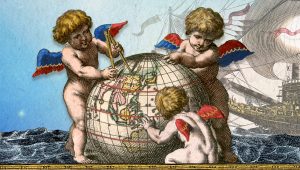 Illustrated cherubs around a globe with a sailing ship in the background. Collage using illustrations from the James Ford Bell Library, by Darren Terpstra