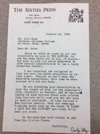 Letter from Carol Bly, co-editor of The Sixties Press, to Bill Holm, written 1964. Holm was just 21 years old when he became the 900th subscriber to The Sixties Press. This letter is the first of many exchanges shared between Holm and Carol Bly.