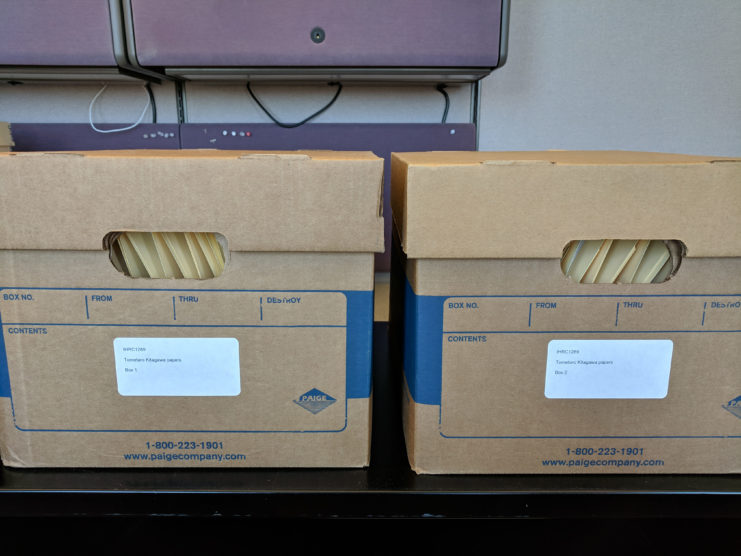The Kitagawa papers newly processed, housed and labeled in two carton-sized archival boxes.