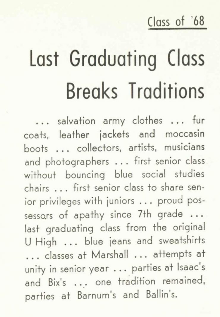 "Last Graduating Class Breaks Traditions" from the 1968 Bisbila yearbook.