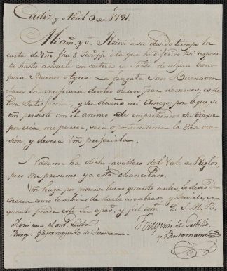 A handwritten letter in Spanish, from Cadiz in April 1791, from the James Ford Bell Library