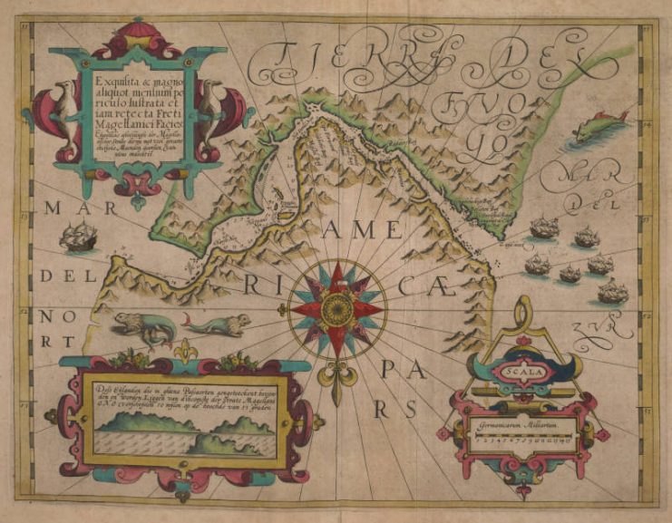 16th-century, colored map of Strait of Magellan