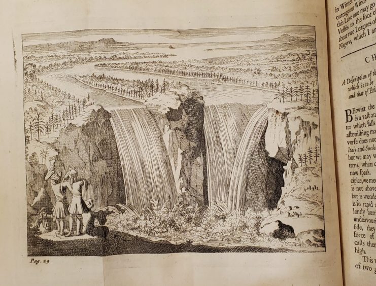 Engraved depiction of Niagara Falls.