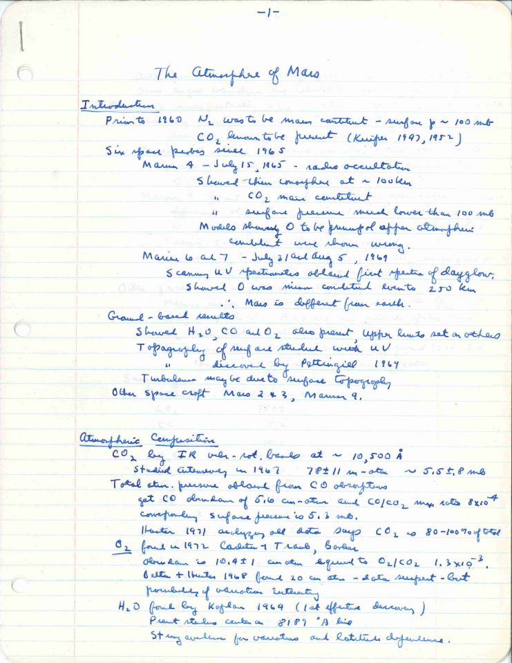 Nier's first draft of "The Atmosphere of Mars," July 1976. Available as part of the Alfred O.C. Nier papers (Box 17, Viking Martian Atmosphere Notes & Reprint), University of Minnesota Archives.