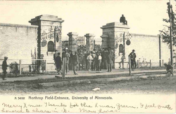 Postcard of Northrop Field entrance gates, circa 1906.